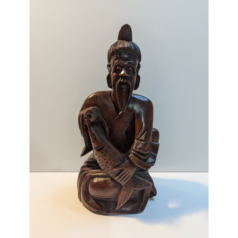 Vintage Asian Man Fishing Wood Carving
